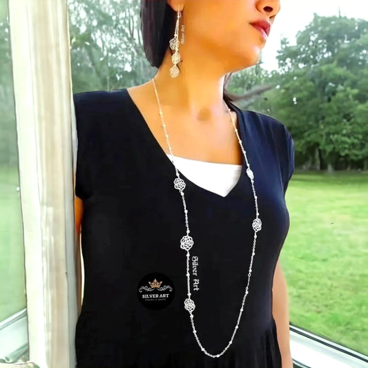 Rose Detail Long Necklace & Earrings