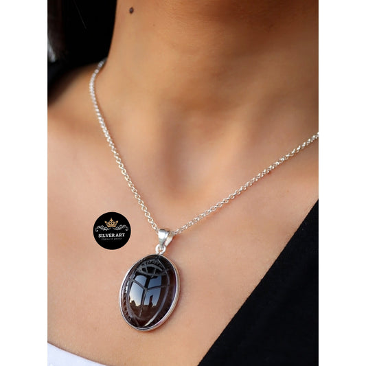Natural Stone Engraved Scarab Necklace ( Light black)