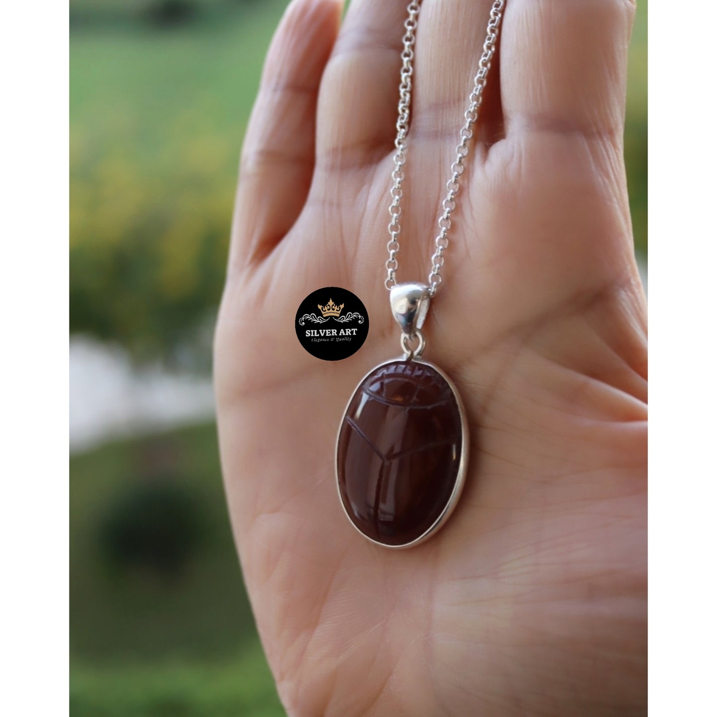 Natural Brown Stone Engraved Scarab Necklace ( Brown)