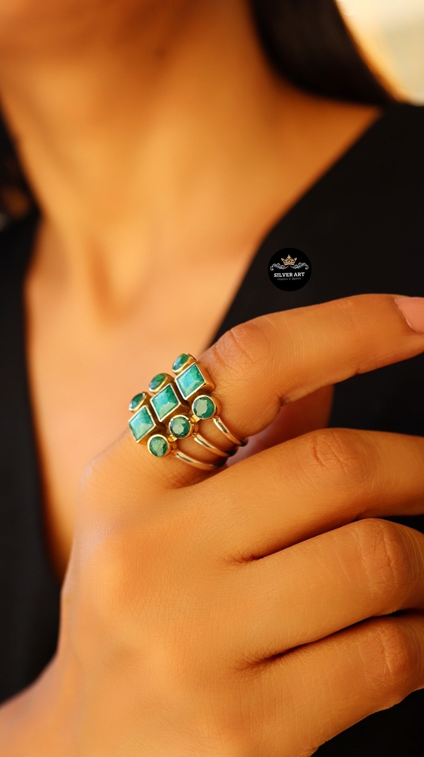 Indian Silver Natural Gemstones Ring With Gold Plated Parts Size 16