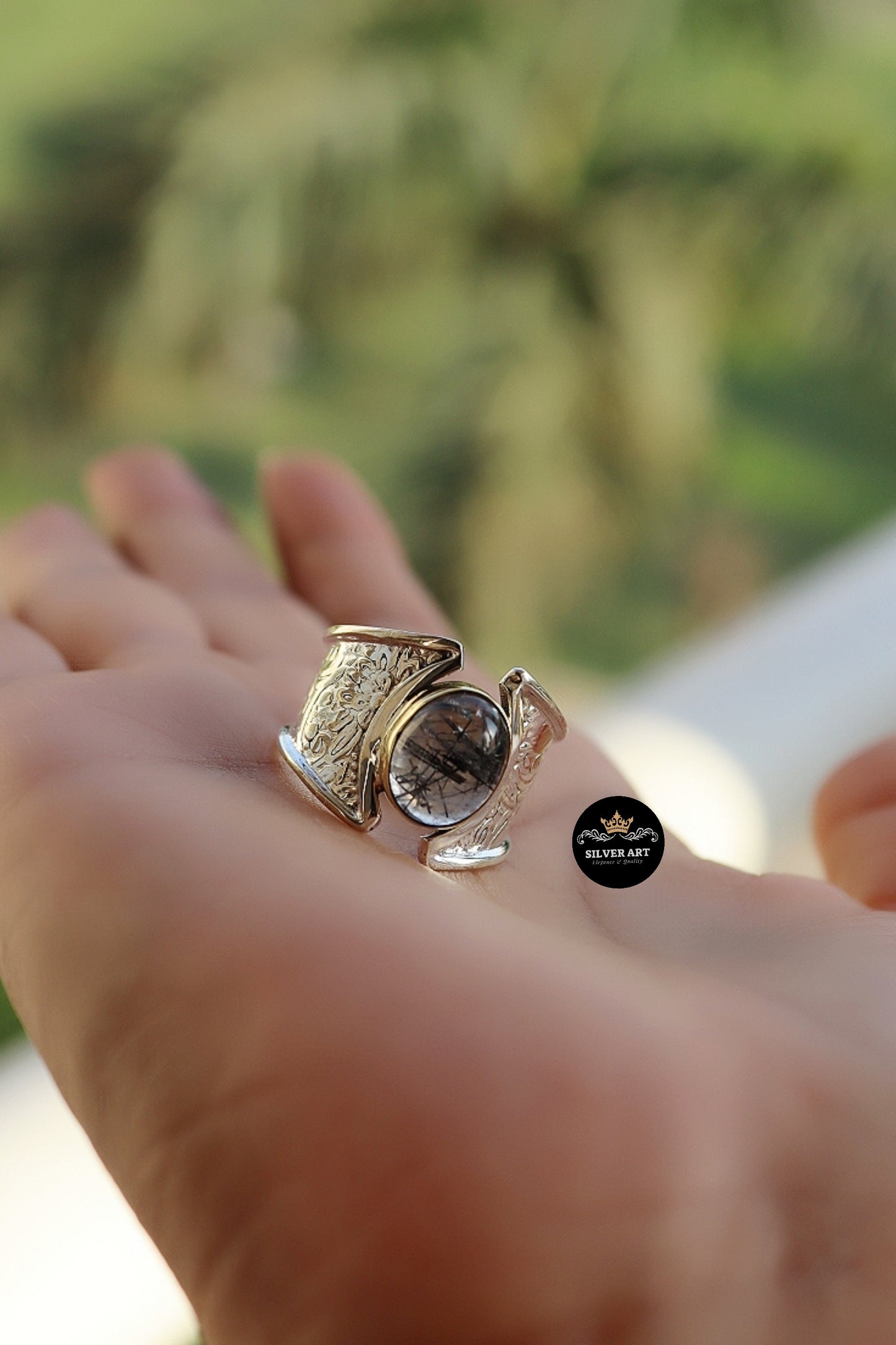 Indian Silver Natural Gemstones Ring With Gold Plated Parts Size 22