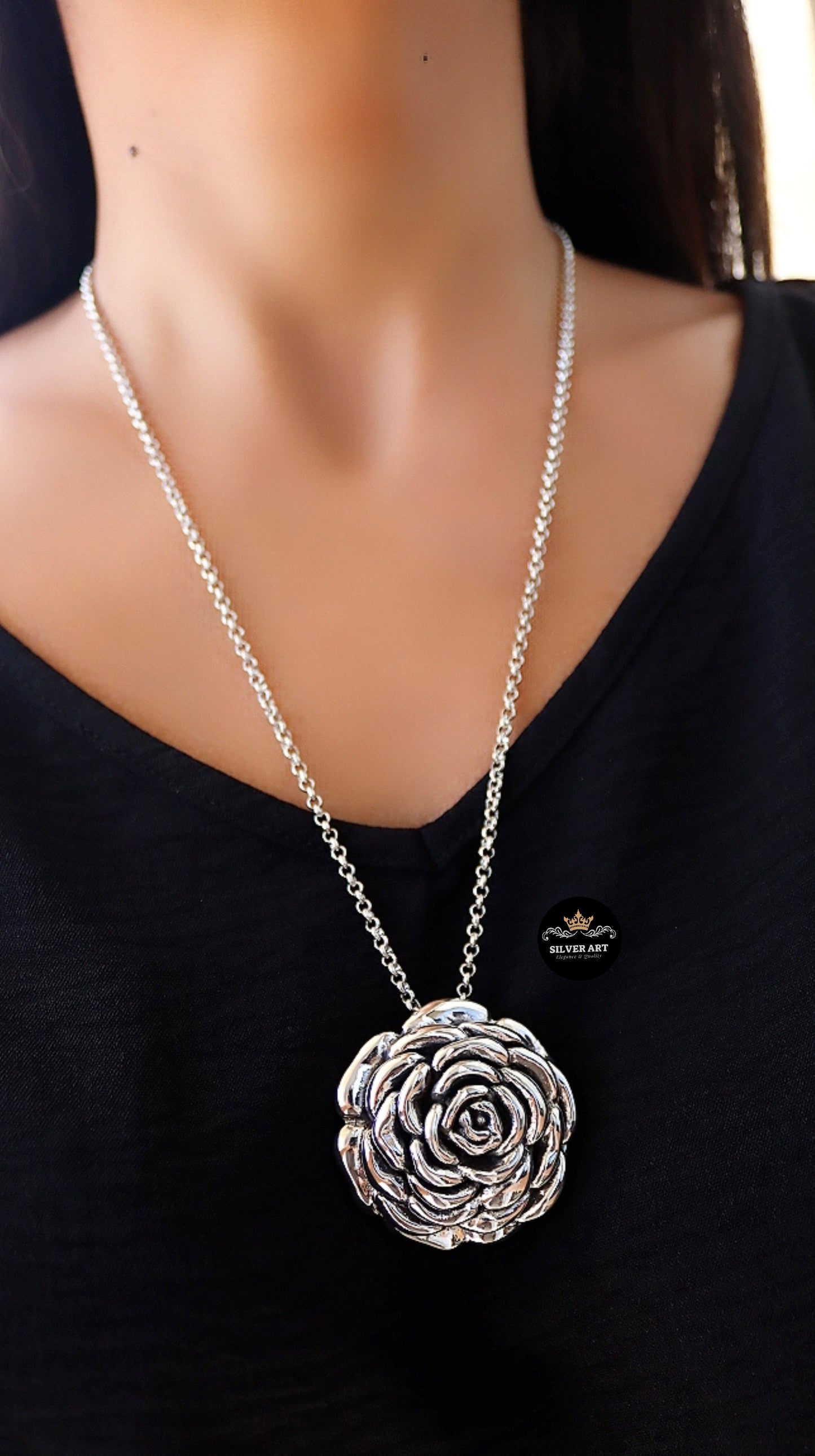 Vintage Thai Silver Rose Necklace