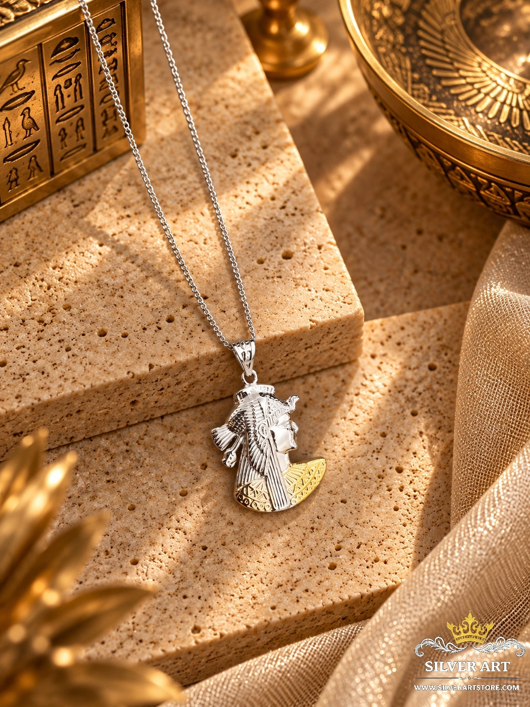 Silver Pharaonic Necklace With Gold Plated Parts
