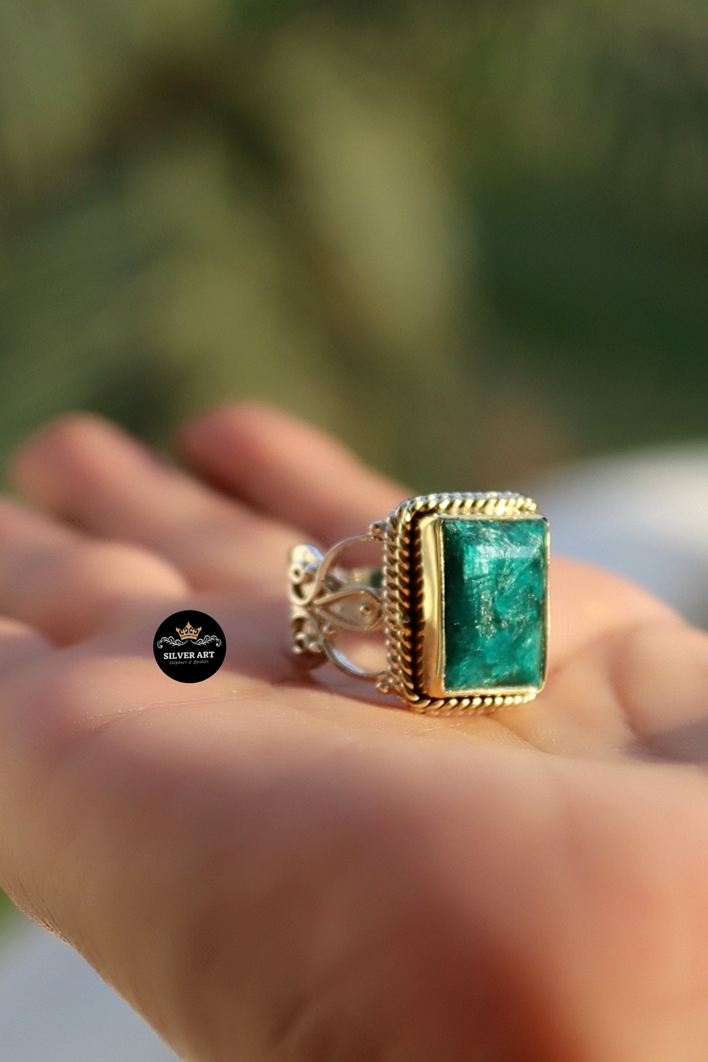 Indian Silver Natural Gemstones Ring With Gold Plated Parts Size 17