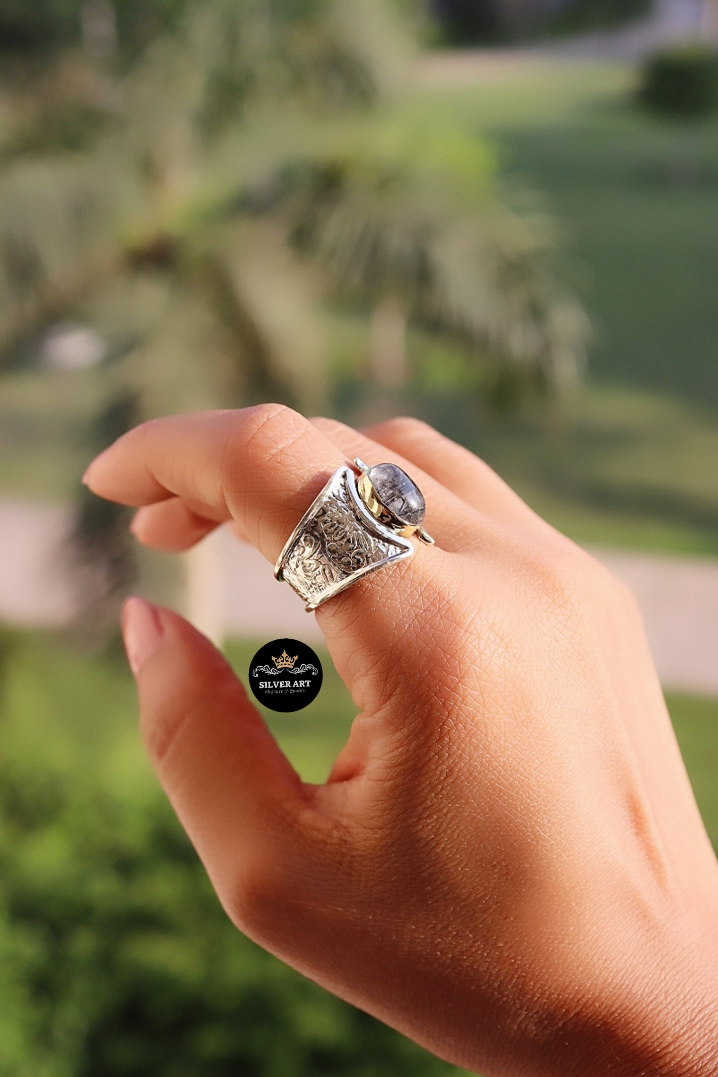 Indian Silver Natural Gemstones Ring With Gold Plated Parts Size 22