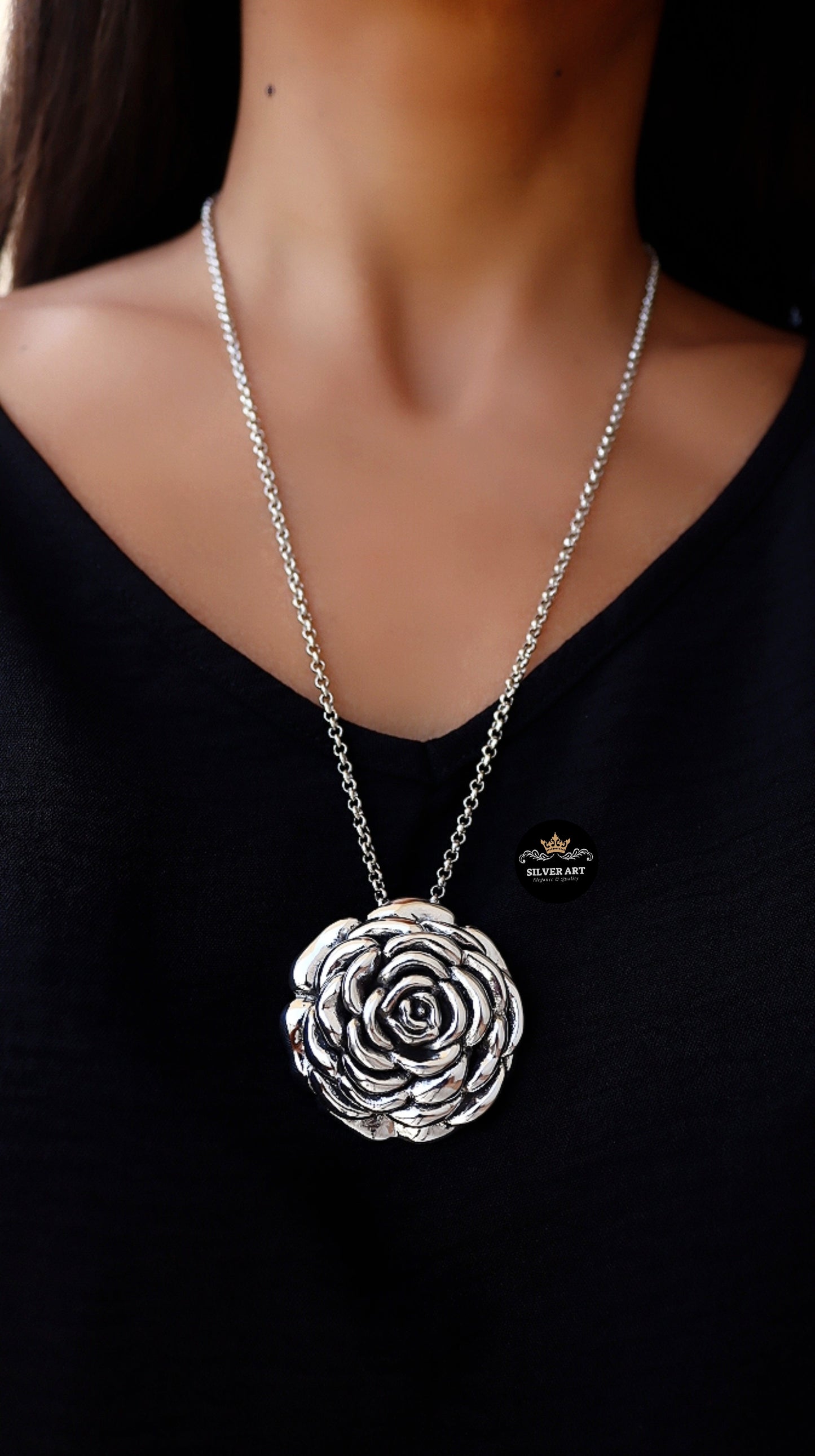 Vintage Thai Silver Rose Necklace