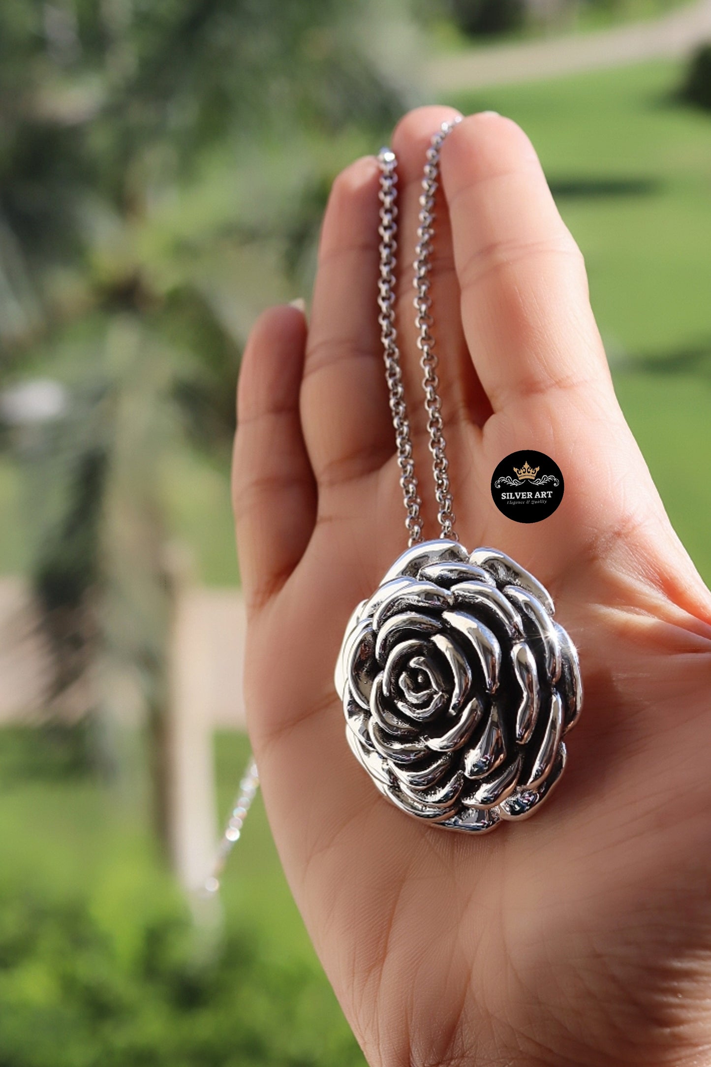 Vintage Thai Silver Rose Necklace