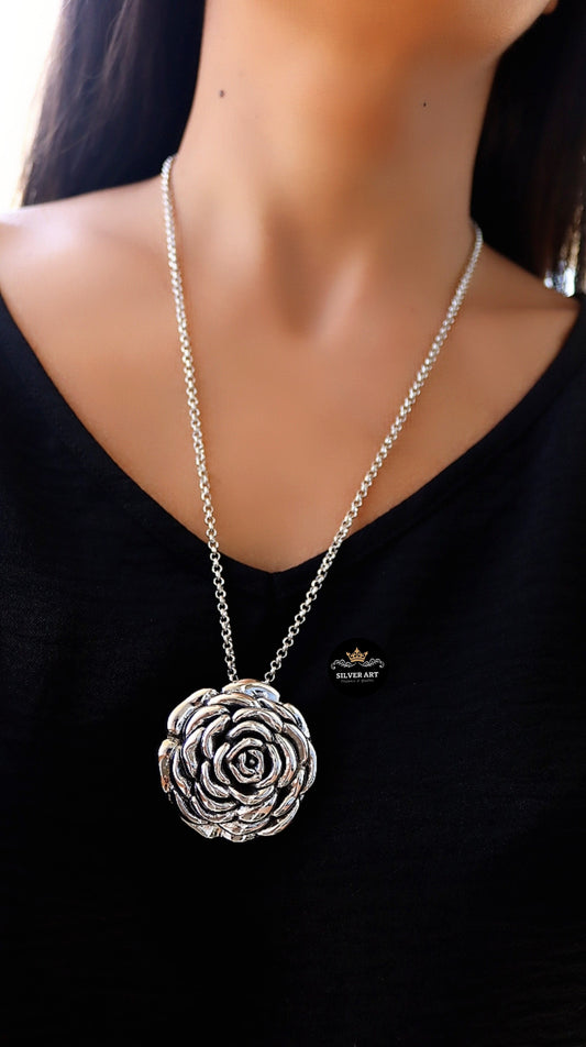 Vintage Thai Silver Rose Necklace