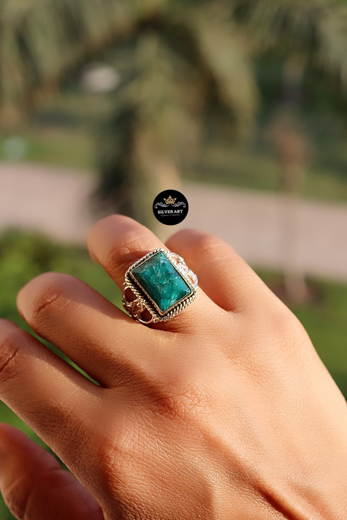 Indian Silver Natural Gemstones Ring With Gold Plated Parts Size 17