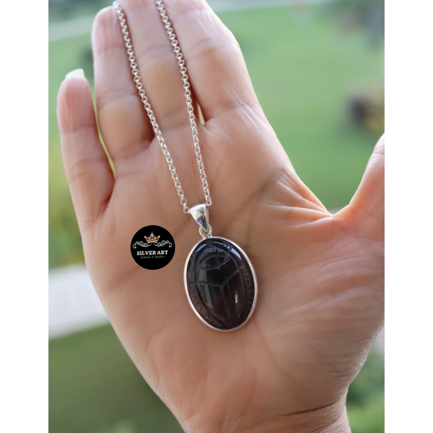 Natural Stone Engraved Scarab Necklace ( Light black)