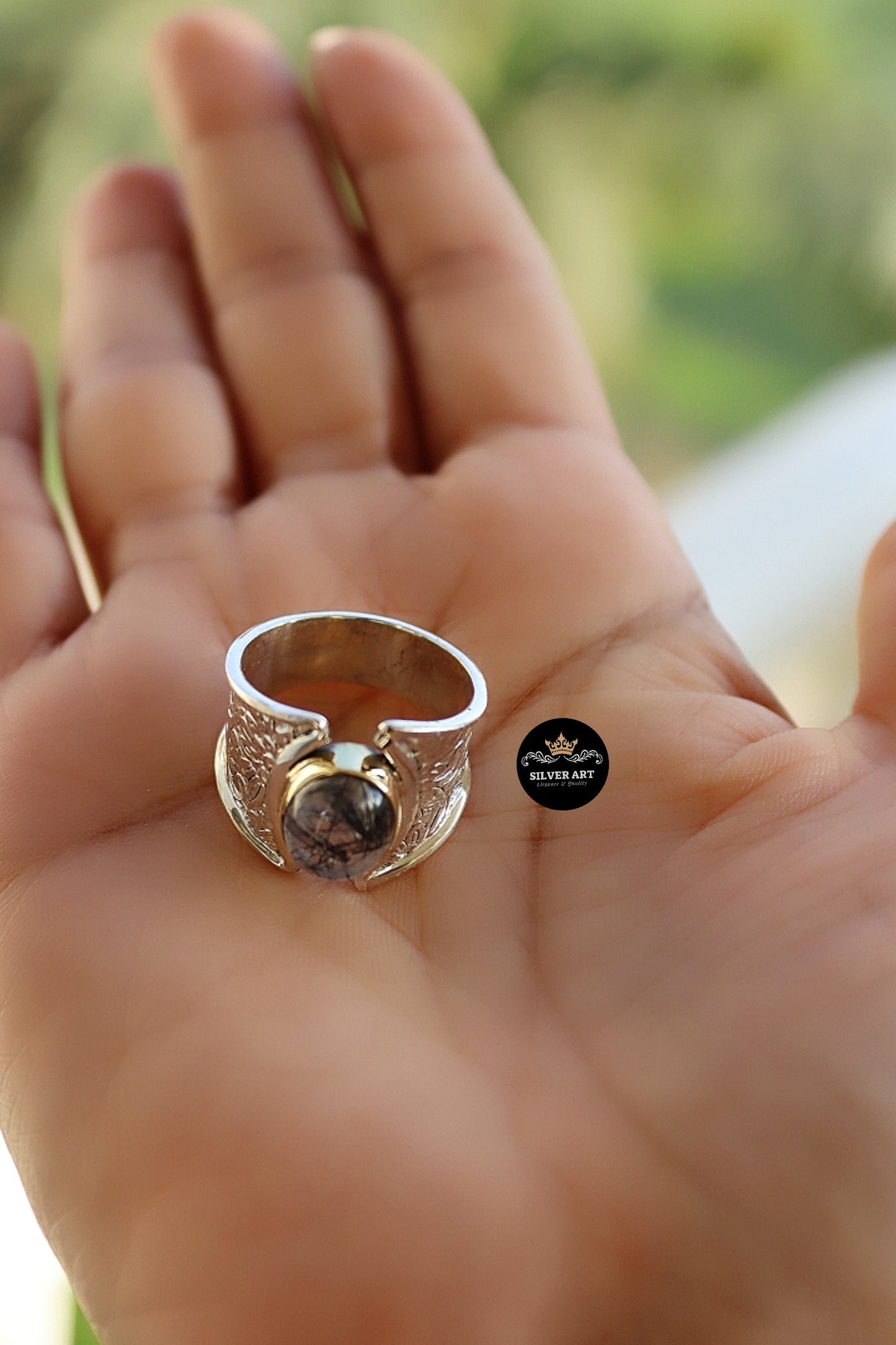Indian Silver Natural Gemstones Ring With Gold Plated Parts Size 22