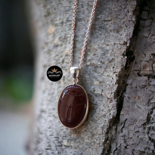 Natural Brown Stone Engraved Scarab Necklace ( Brown)