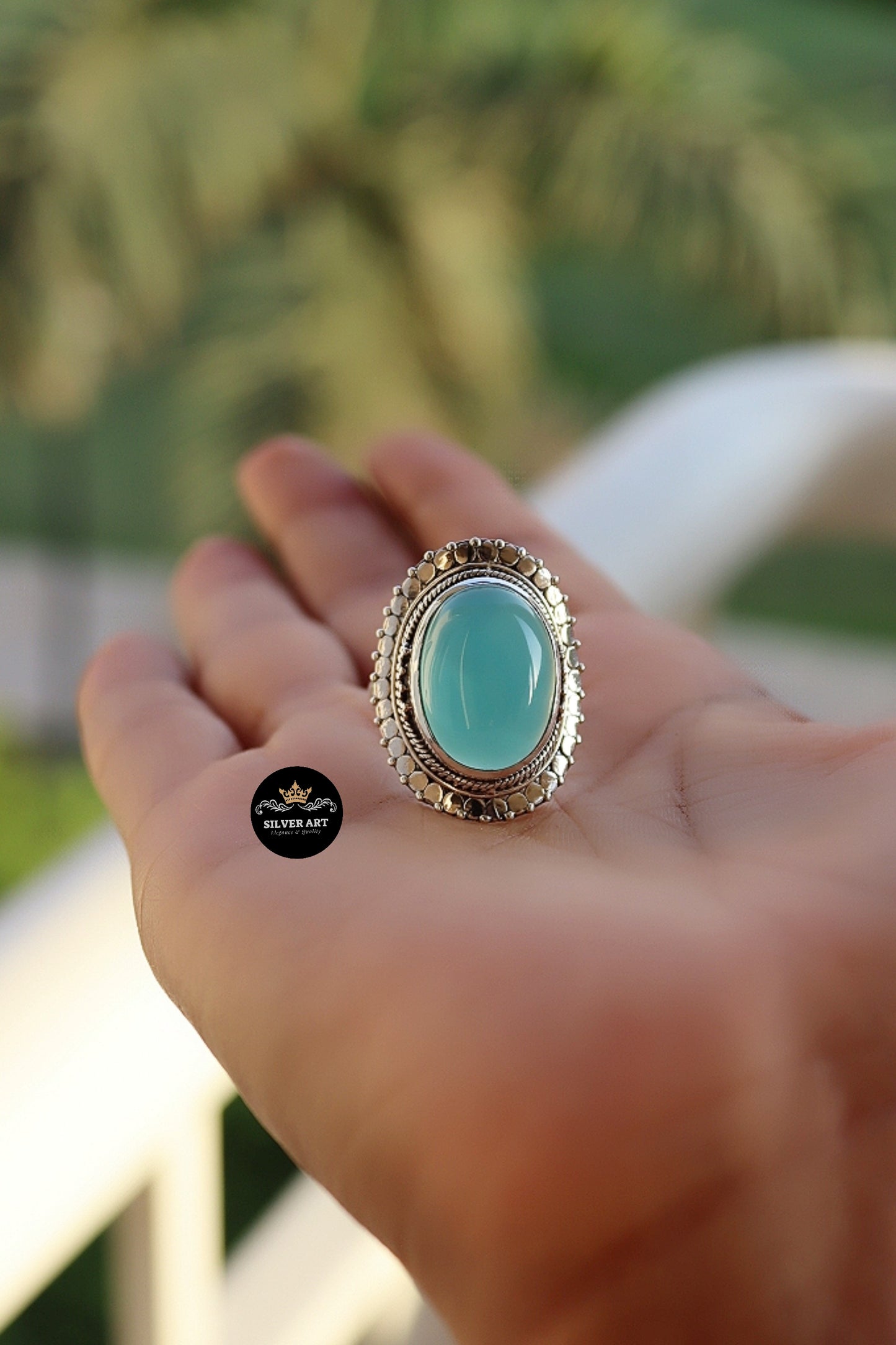 Indian Silver Natural Gemstones Ring Size 18