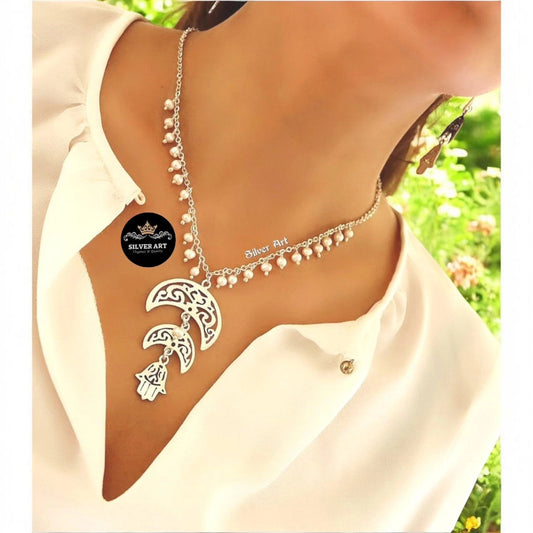 Layered Crescent and Hamsa Necklace