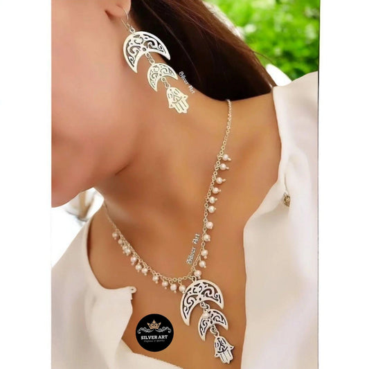 Layered Crescent and Hamsa Necklace & Earrings