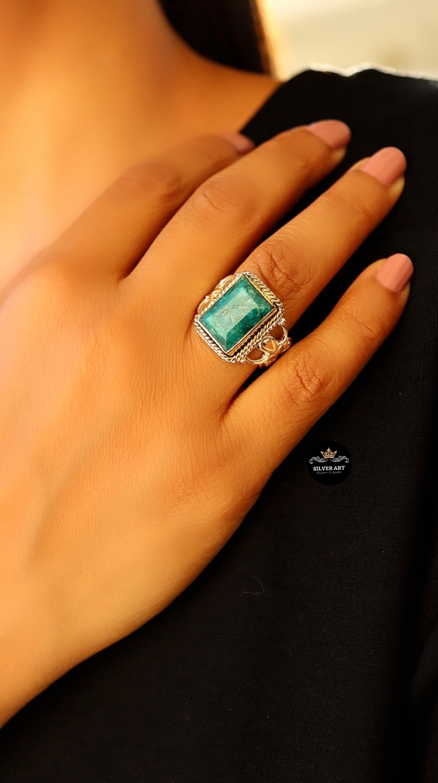 Indian Silver Natural Gemstones Ring With Gold Plated Parts Size 17