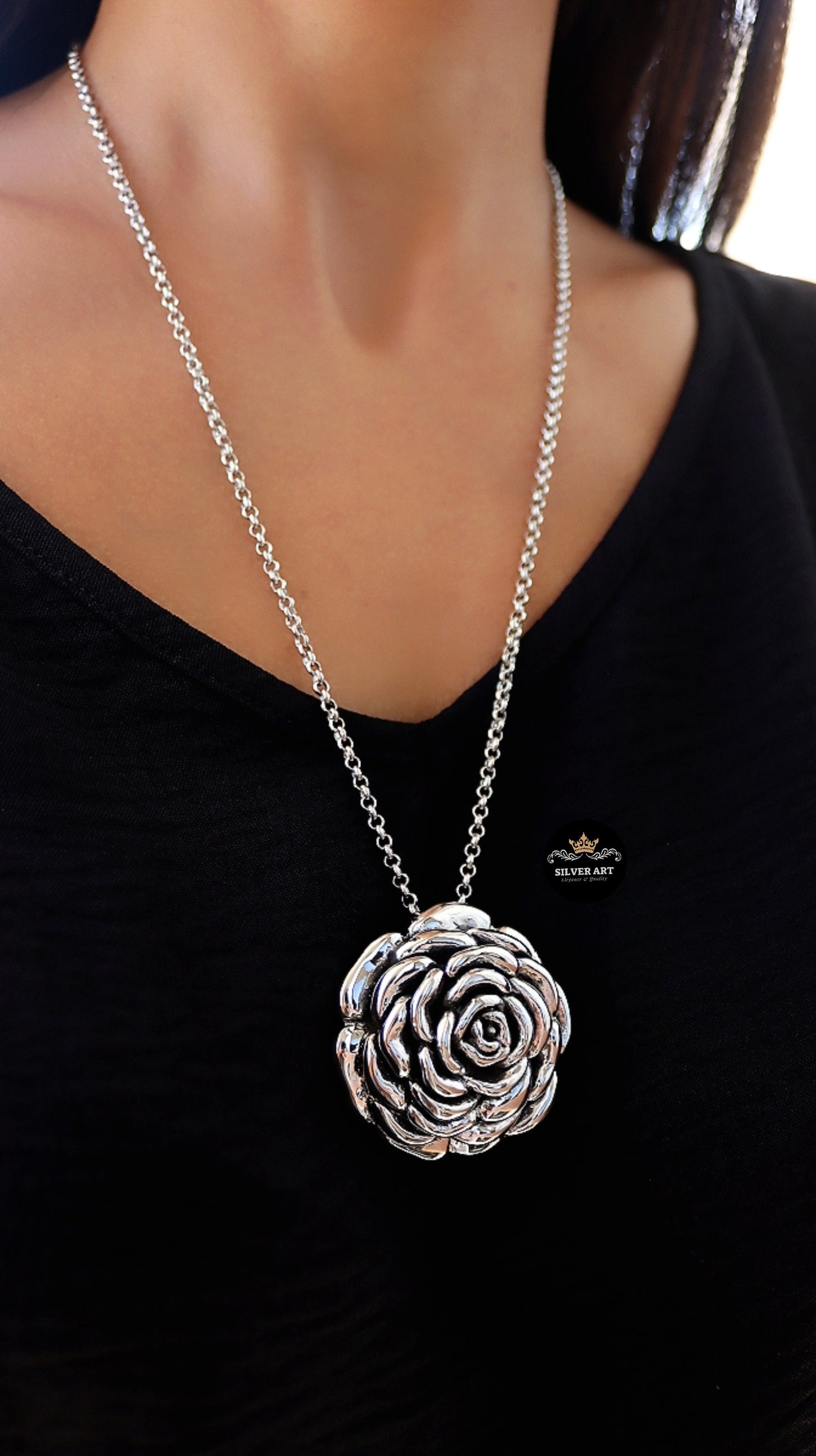 Vintage Thai Silver Rose Necklace
