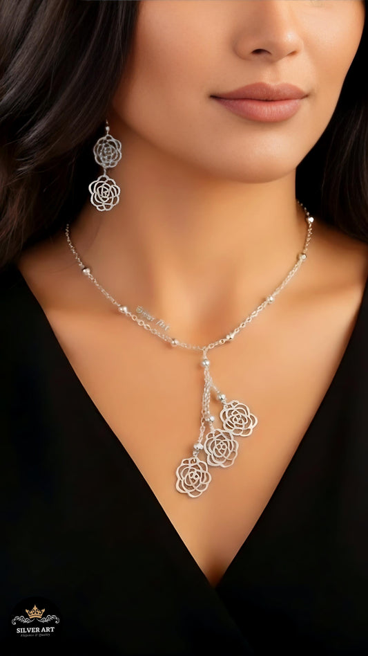 Rose Detail Dangling Necklace & Earrings