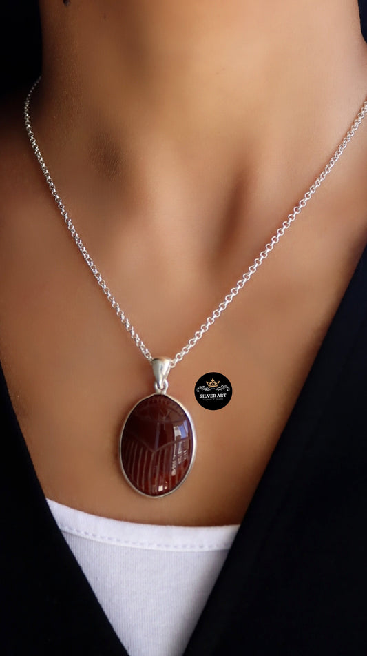 Natural Stone Engraved Scarab Necklace