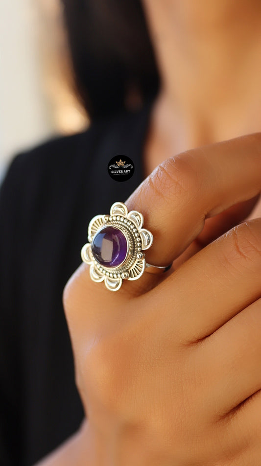 Indian Silver Natural Gemstones Ring Size 19