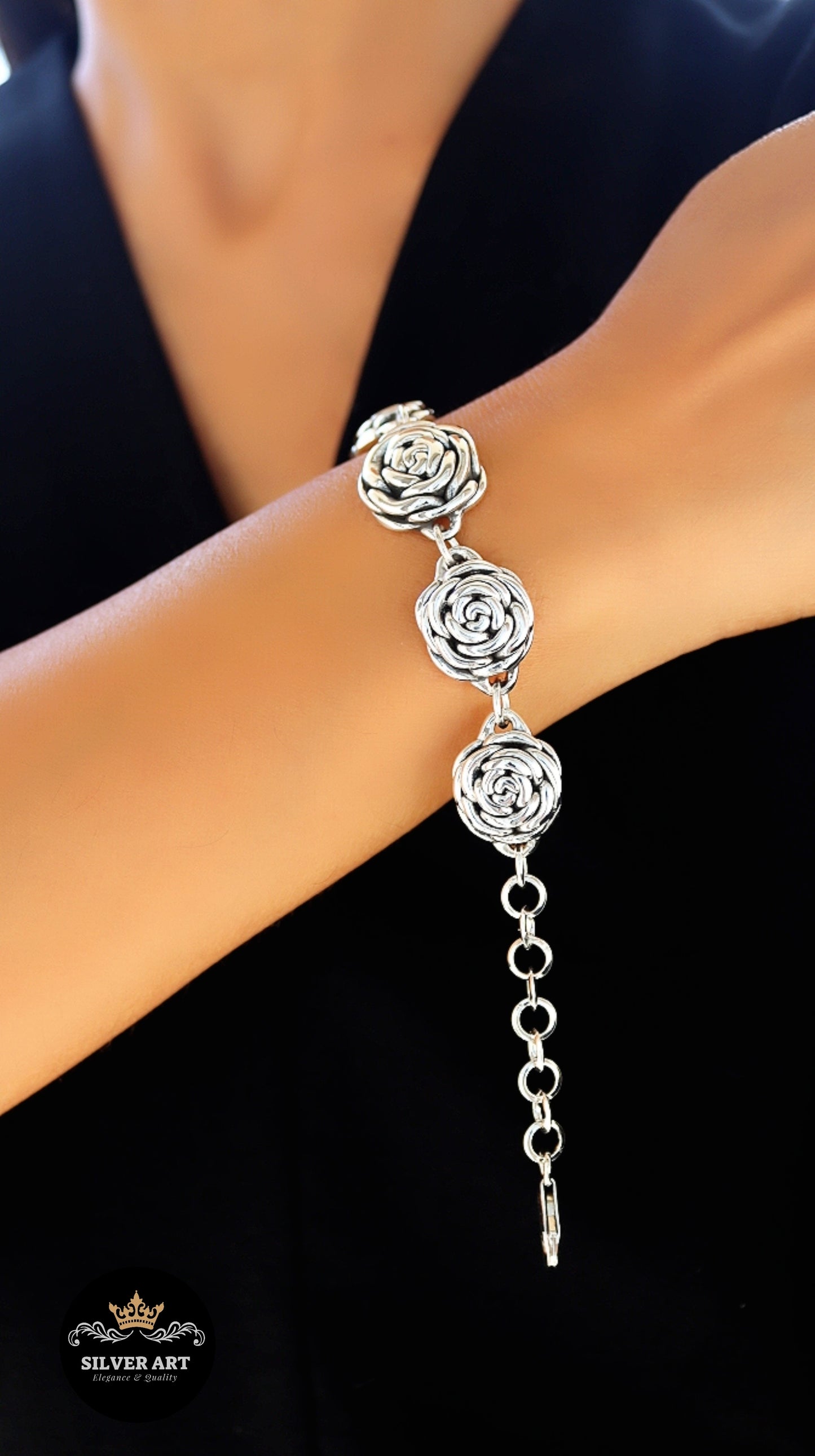 Vintage Thai Silver Rose Bracelet
