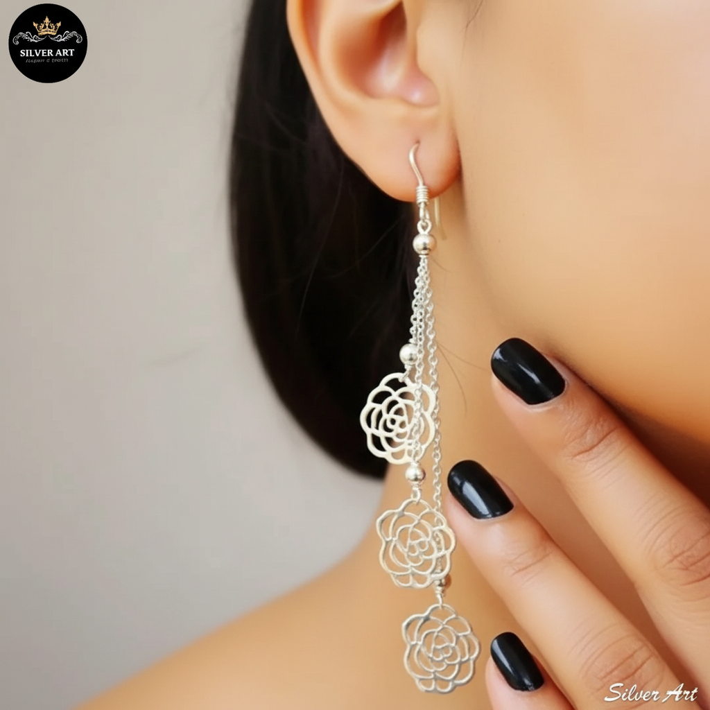 Rose Detail Dangling Necklace & Earrings