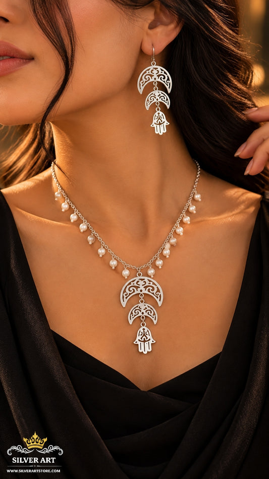 Layered Crescent and Hamsa Necklace & Earrings