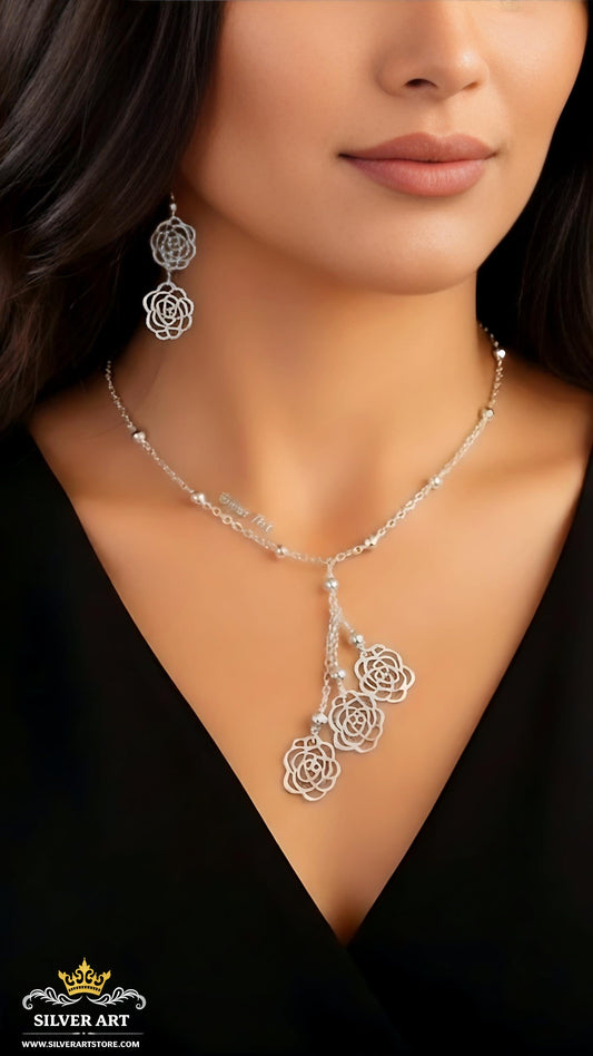 Rose Detail Dangling Necklace & Earrings