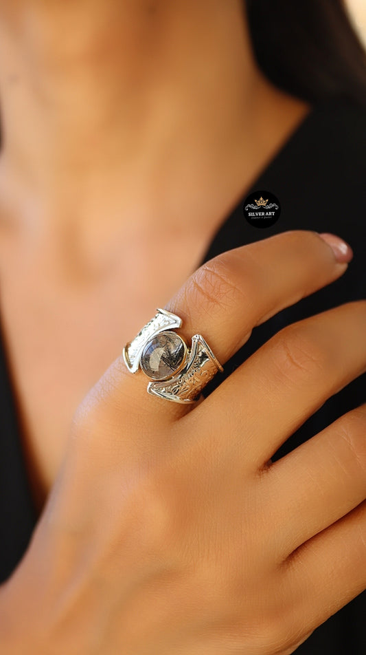 Indian Silver Natural Gemstones Ring With Gold Plated Parts Size 22