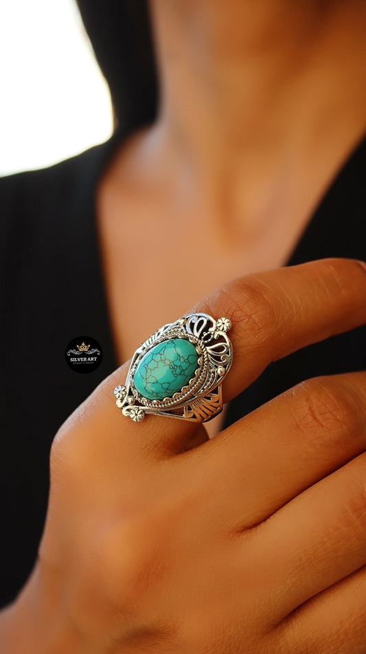Indian Silver Natural Gemstones Ring Size 17