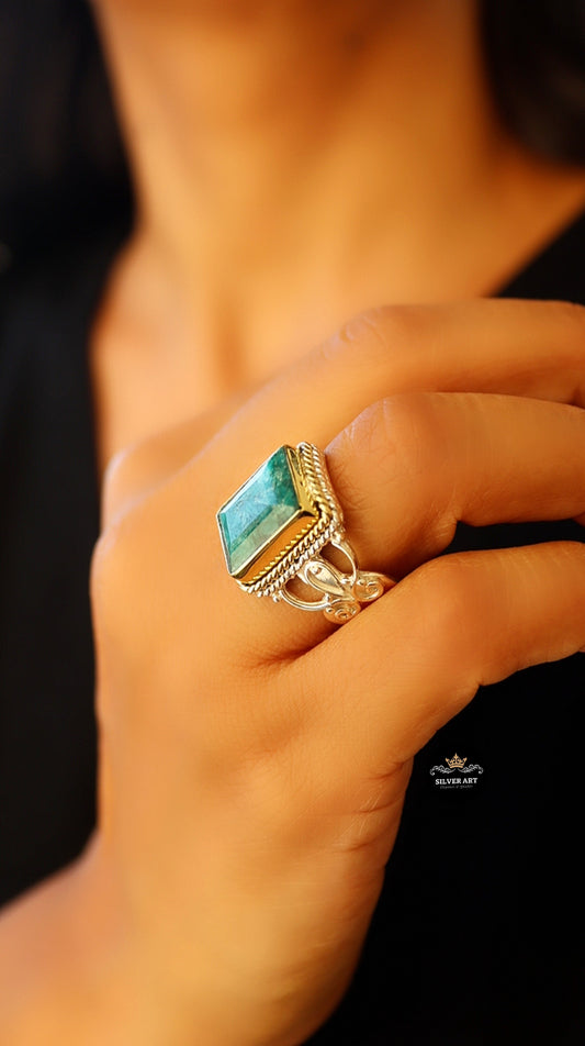 Indian Silver Natural Gemstones Ring With Gold Plated Parts Size 17