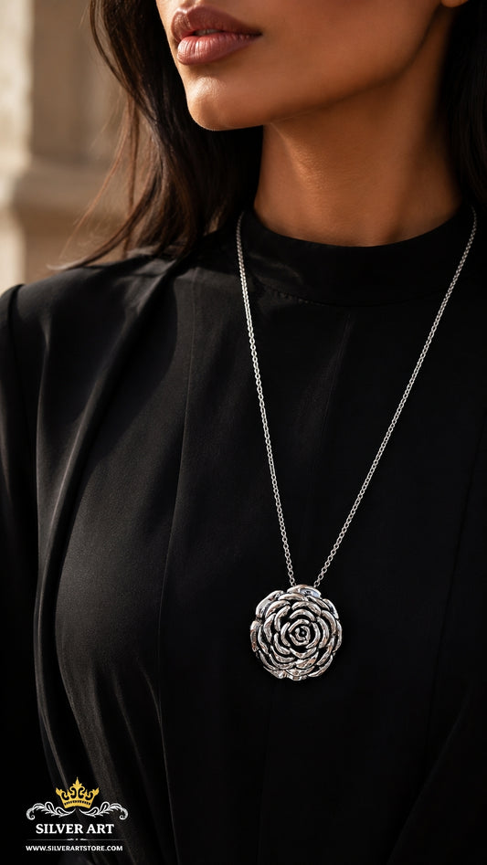 Vintage Thai Silver Rose Necklace