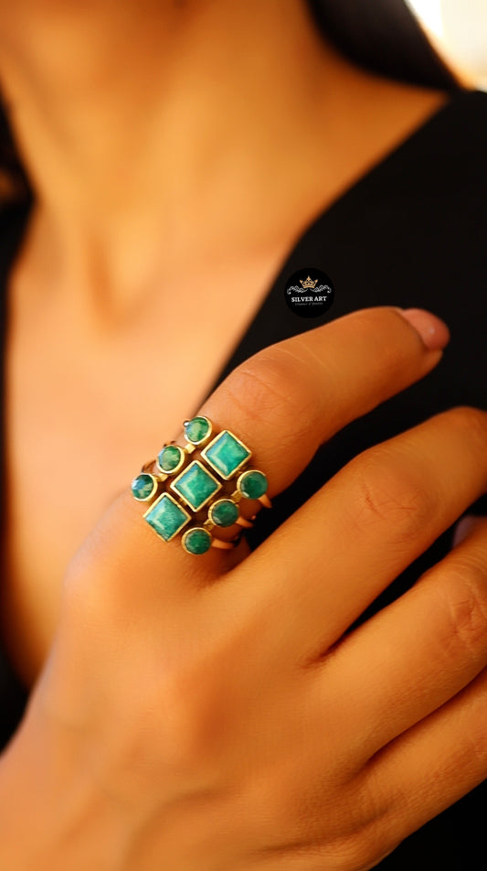 Indian Silver Natural Gemstones Ring With Gold Plated Parts Size 16