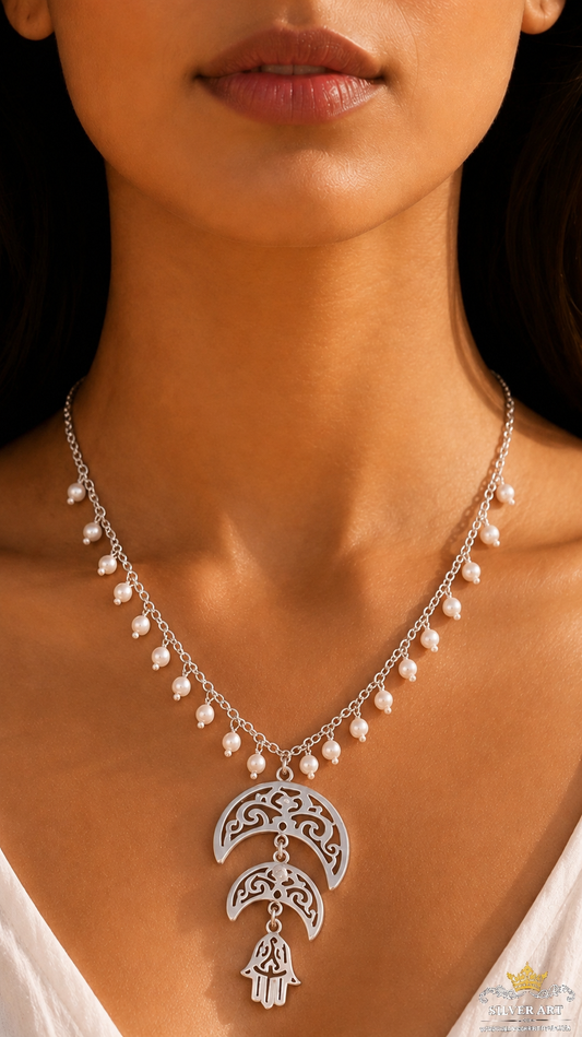 Layered Crescent and Hamsa Necklace